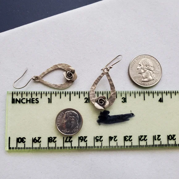 RL Israel Matte Sterling Hammered Teardrop Earrings with Roses - Picture 7 of 8